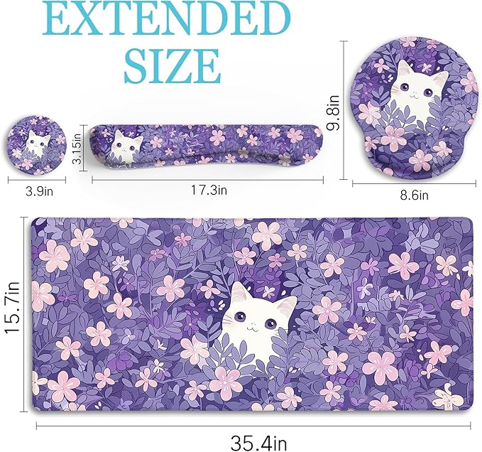 LIMKRIAN Purple Mouse Pad Large Desk Mat Set, Kawaii Cat Computer Mouse Pad with Wrist Rest Keyboard Wrist Support XXL Mousepad Cup Coaster Set, Cute Purple Office Desk Accessories Cat Decor Supplies