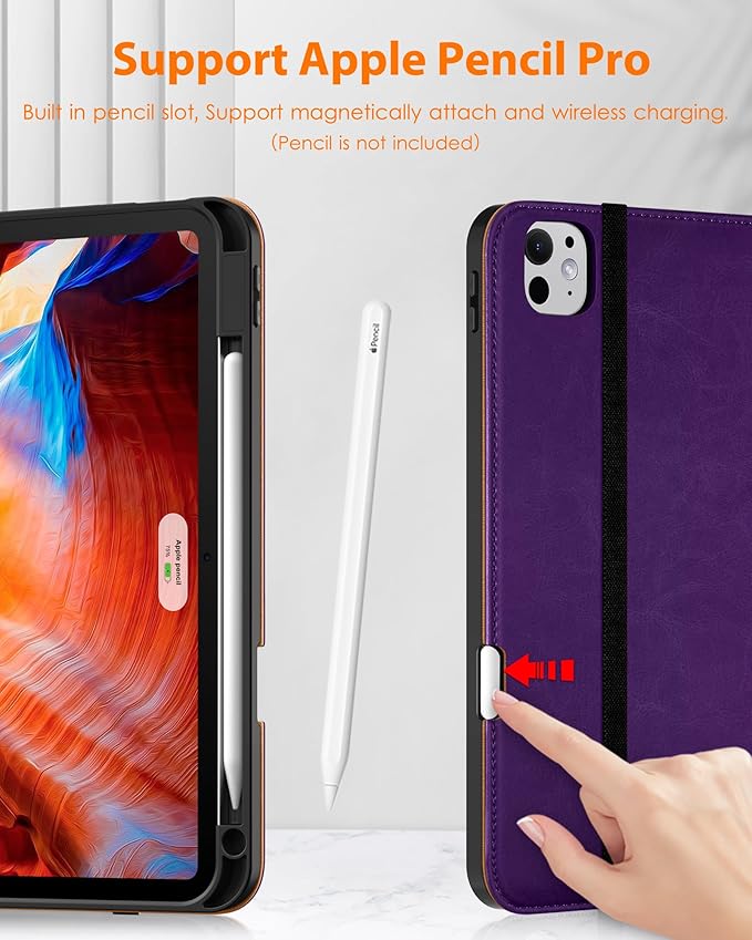 DTTO for iPad Pro 11 inch Case (M5/M4) 2025/2024, Premium Leather Business Folio Stand Cover with Pencil Holder - Auto Wake/Sleep and Multiple Viewing Angles, Dark Purple