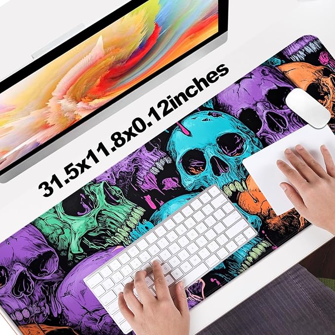 RGB Scary Skull Gaming Desk Mat, Computer Keyboard Large Extended Cool Multi-Color Skull LED Mouse Pad for Office and Home, 31.5×11.8 Inches, XL