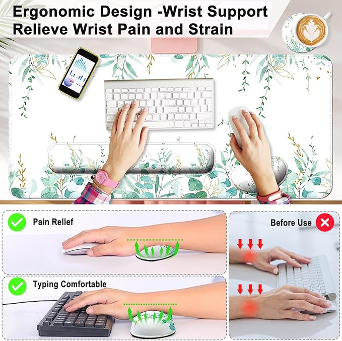 Keyboard Wrist Rest + Mouse Pad with Wrist Support + Desk Mat + Coaster 4 in 1 Set, XXL Large Gaming Mousepad Cute Ergonomic Mouse Pads for Desk Computer Laptop Office Decor-Eucalyptus