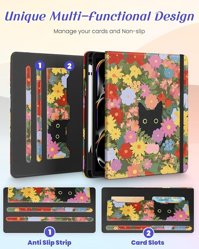 Kidcube for iPad Pro 11 Inch Case M4 2024 5th Generation - Women Girls Cute Rotating Stand Folio Cover with Pencil Holder & Card Slot Kawaii Cat Flower Design for iPad Pro 11'' Case 2024 M4 5th Gen