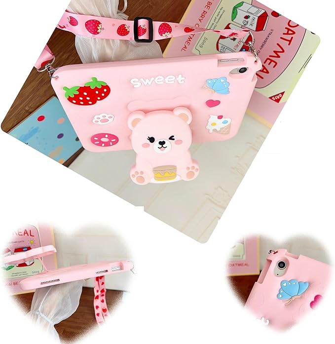 iPad 10th/11th Generation A16 Case Kids - 11 inch Soft Silicone Shockproof Cover with Pencil Holder,Adjustable Shoulder Strap & Stand for School,Cute Bear Strawberry Gift for Teen Girls