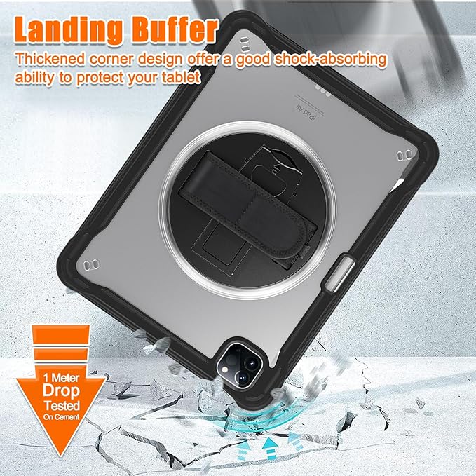 Batianda Case for iPad Pro 11-inch 2022 4th M2 Chip /2021 (3rd Generation) Heavy Duty Rugged Shockproof Tablet Cover with 360° Rotating Hand Strap Foldable Hidden Stand & Shoulder Strap, Black