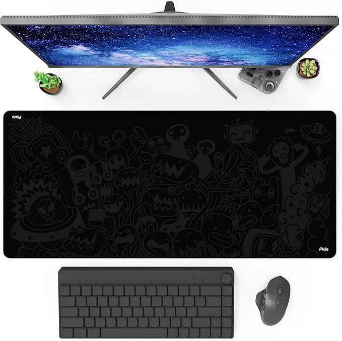 Pixio Mouse Pads - 36 x 16 inch XXL Monster Doodle Black Multifunctional Large Desk Mats for Gaming, Office, Desktop Anti-Slip Waterproof Washable Computer Mouse Mat