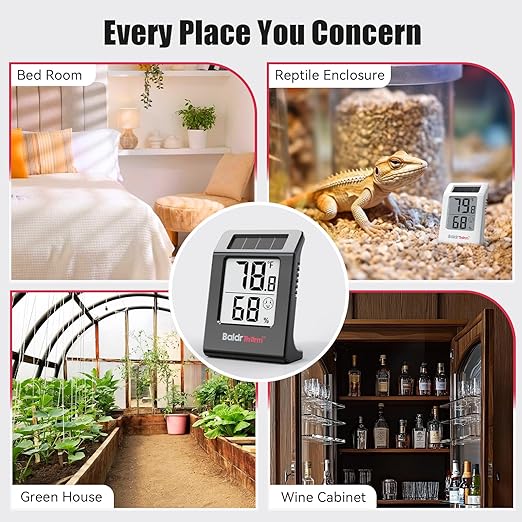 BaldrTherm Humidity Meter Hygrometer, Solar-Powered Room Thermometer Indoor Digital Temperature Sensor Monitor, 2.2''Humidity Gauge for Baby Rooms, Home, Office, 3Pack, Black