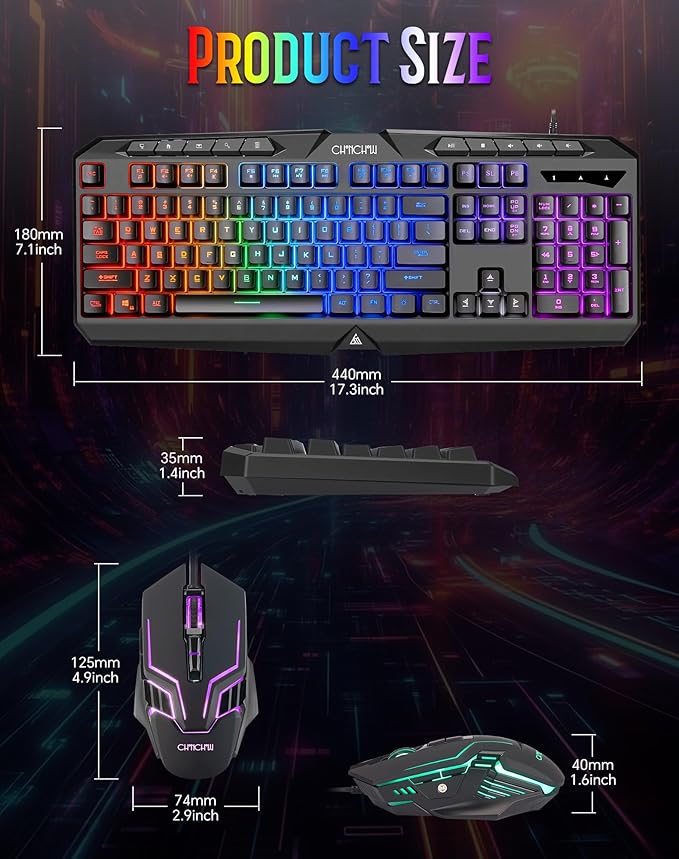 CHONCHOW Gaming Keyboard Wired with Rainbow LED, PC Keyboard with Backlit, Number Pad, Full Size, Dedicated Media Keys, 19 Anti-ghosting Keys for Computer PS4 PS5 Xbox Gamer, Mechanical Feel Switch