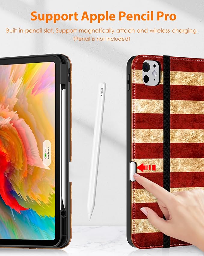 DTTO for iPad Pro 13 inch Case (M5/M4) 2025/2024, Premium Leather Business Folio Stand Cover with Pencil Holder - Auto Wake/Sleep & Multiple Viewing Angles, Built in Hand Strap & Pocket, US Flag