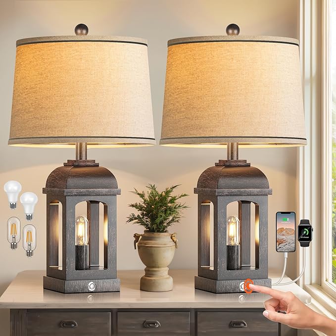QiMH Table Lamp for Living Room, Farmhouse Lamps Set of 2 with USB A+C and Nightlight, 26" Rustic Bedside Lamps with 3-Way Dimmable, Touch Nightstand Lamp for Bedroom, Bronze
