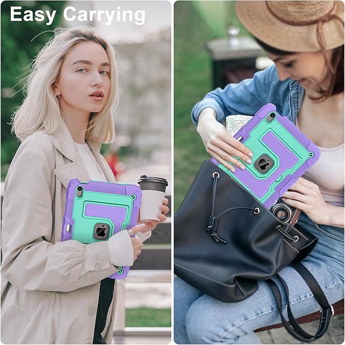 Kids Friendly Case for iPad Air 11 Inch M4 M3 M2 2026/2025/2024 Case with Pencil Holder & Shoulder Strap, Military Grade Shockproof Kickstand Hard Shell Protective Cover,Purple+Mint