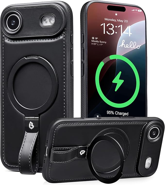 Butaiga for iPhone Air Leather Case with Stand, Anti-Slip Grip Ring, Fits for MagSafe (Black, iPhone Air)