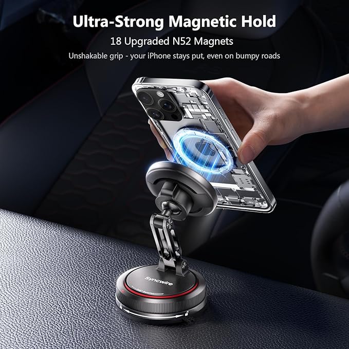 SYNCWIRE for MagSafe Car Mount [2-Axis Design] Nano Adhesive Gel + Suction Cup Magnetic Phone Holder for Dashboard & Windshield, 360° Adjustable for iPhone 17 16 15 14 13 12 11, Samsung, Carbon Fiber