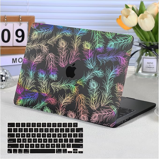 Funut for MacBook Air 13 inch M5 2026 2025-2022 M4 M3 M2 A3449 A3240 A3113 A2681,Plastic Hard Protective Shell Case + Keyboard Cover for M5 MacBook Air 13.6",Transparent Feathers, Black Feather