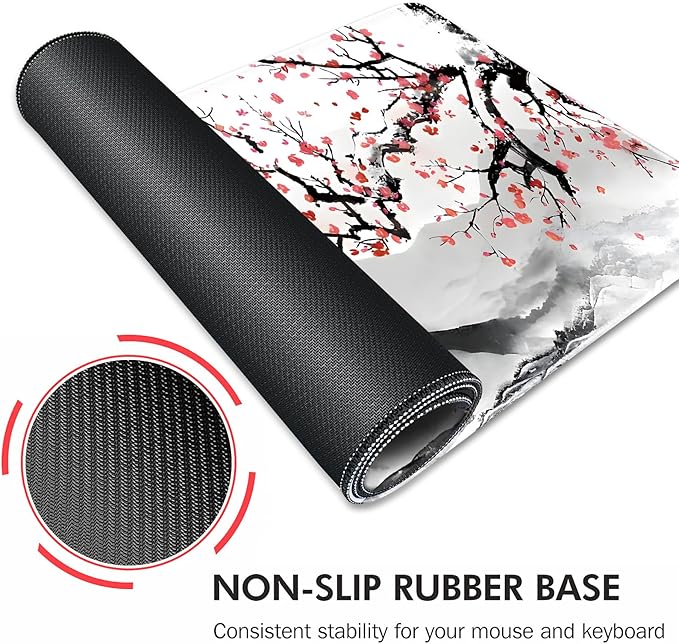 Galdas Mouse Pad for Gaming, Japanese Desk Mat,XXL XL Large Mouse Mat Long Extended Mousepad Non-Slip Rubber Mice Pads Stitched Edges Thin (31.5 x 11.8 x 0.12 Inches) Ink and Wash