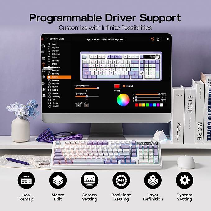 MechLands AJAZZ AK980 V2 Mechanical Gaming Keyboard with Display Screen, 10000mAh Battery, 98% Wireless Keyboard with BT/USB-C/2.4GHz, Hot Swappable, Linear Switch, Knob, RGB for Win/Mac (White)