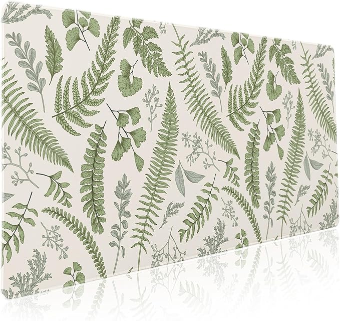 White Green Plant Flowers Mouse Pad XXL Tropical Fern Botanical Leaves Extended Desk Mat 90X40cm Non-Slip Rubber Base Stitched Edge Large Mousepad for Gaming Laptop Computer Desktop 35.4×15.7 Inch