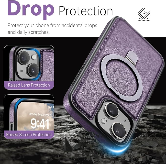 for iPhone 14 Case with Stand Compatible with Magsafe Slim PU Leather & Durable TPU Drop Proof Magnetic Kickstand Protective Phone Cover with Tempered Glass Screen Protector 6.1", Purple