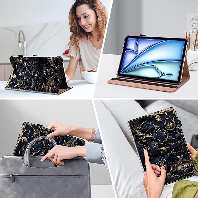 Case for iPad Air 13 inch M4 2026/M3 2025/M2 2024 with Pencil Holder & Card Slots & Auto Sleep, Embossed PU Leather Stand Magnetic Shockproof Cover Case for iPad Air 13 - Blue Flower