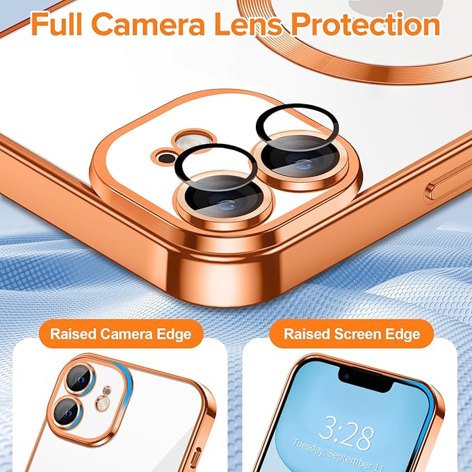 Hython Magnetic Clear for iPhone 11 Case with Camera Lens Protector [Compatible with MagSafe] Luxury Plating Edge Slim Soft TPU Cover Protective Phone Case for iPhone 11 6.1", Orange