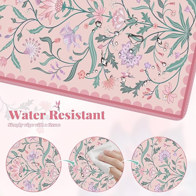 iLeadon Desk Mat Pink, Large Floral Mouse Pad for Desks with Smooth Lycra Surface, Long Full Desk Mouse Cushion for Laptop, Keyboard Mat for Office, Home, Light Pink