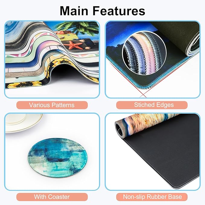 Large Gaming Mouse Pad with Coaster, Desk Matt for Desktop, Desk Pad, Mouse Pads Mat, Stitched Edges Big Extended Mousepad for Computer Keyboard Laptop Office Decor, 31.5'' x15.6''-Abstract Colors