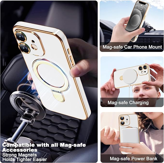 Compatible with iPhone 12 Case with Magnetic Ring Stand [Compatible with Mag-Safe] [Full Camera Lens Protector] Soft Plating Phone Case for iPhone 12 6.1", White