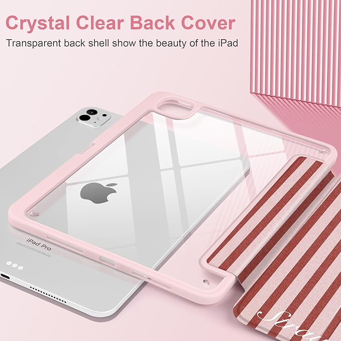 Case for iPad Pro 11 inch (M5) 2025 (M4) 2024 Release with Pencil Holder -Premium Shimmering Silk Texture Trifold Cover with Clear Back, Luxury Coquette Aesthetic Protective Skin, Red Striped