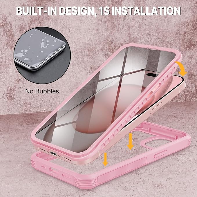 CENHUFO Privacy for iPhone 15 Case, Full Body Phone Case with Built-in 9H Tempered Glass Privacy Screen Protector and Camera Lens Protector, Anti Peep Spy Shockproof Bumper Clear Cover - Pink