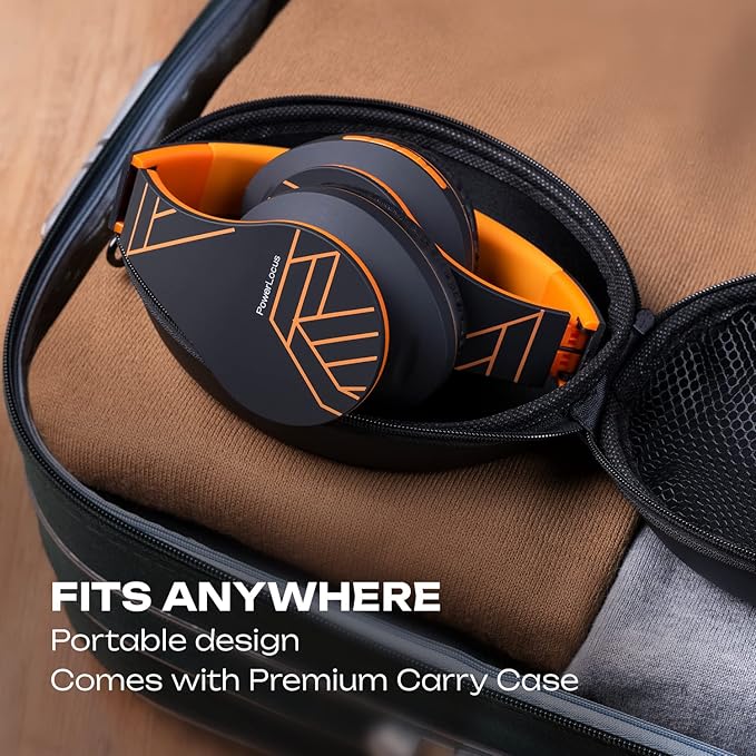 PowerLocus Bluetooth Over-Ear Headphones, Wireless Stereo Foldable Headphones Wireless and Wired Headsets with Built-in Mic, Micro SD/TF, FM for iPhone/Samsung/iPad/PC (Black/Orange)