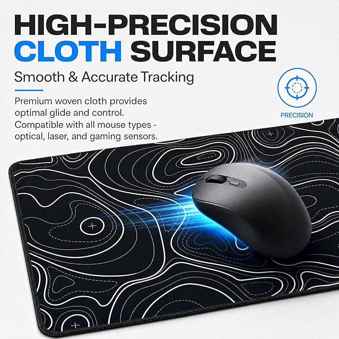 Large Gaming Mouse Pad Black Topographic Contour Mouse Pad Extended XL Long Mousepad Big Desk Mat with Stitched Edges & Nonslip Rubber Base for Company Office Work, 31.5 X 11.8 Inch
