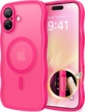 CAPRARO for iPhone 16 Plus Case for Women Girls, Upgraded [Full Camera Protection] [Compatible with MagSafe] Cute Wave Translucent Matte Phone Case for iPhone 16 Plus, Hot Pink