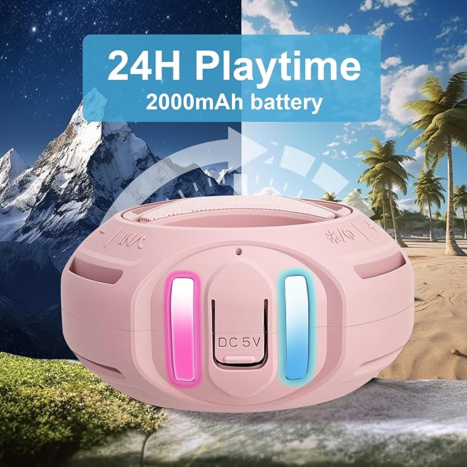 Portable Bluetooth Speaker, IPX7 Waterproof Wireless Outdoor Speakers, Mini Shower Speaker, Floating, Built-in Mic, 24H Playtime with LED Lights,Loud HD Sound, Powerful Bass, Gifts for Unisex - Pink