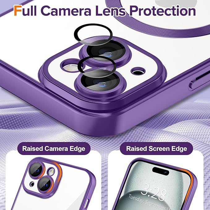 Hython Magnetic Clear for iPhone 15 Plus Case with Camera Lens Protector [Compatible with MagSafe] Luxury Plating Edge Slim Soft TPU Cover Protective Phone Case for iPhone 15 Plus 6.7", Matte Purple