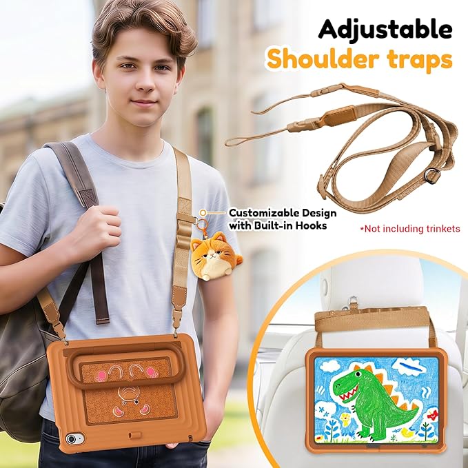KAIJIAbox Kids Case for iPad A16 11th Generation 11 inch 2025/10th Generation 10.9” 2022- Military-Grade Rugged Drop Protection with Metal Handle/Stand, Screen Protector,Shoulder Strap-Brown
