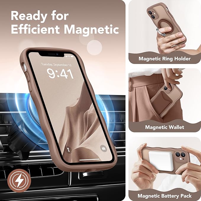 CAPRARO Cute for iPhone 11 Case, Compatible with MagSafe, [Curly Wave Edge] [Full Camera Protection] [14 FT Drop Protection] Magnetic Phone Case for 11 6.1 Inch, Brown