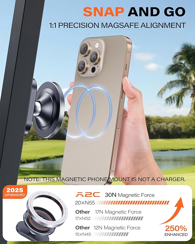 A2C Alloy Magnetic Golf Cart Phone Holder for MagSafe iPhone, Unique Golf Gifts for Men Golfers Dad Father, Golf Gift for Him Husband, Golf Accessories Essentials Gadgets (Premium Gift Packaging)