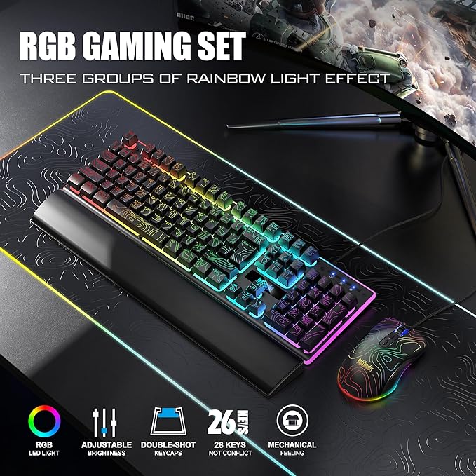 RedThunder K10 Wired Gaming Keyboard & Mouse Combo with Wrist Rest, Adjustable RGB Mechanical Feel Anti-ghosting Keyboard + 7D 7200 DPI Mouse+Soft Leather Wrist Rest for PC Gamers (Black Lines)