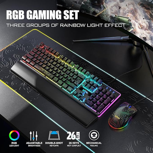 RedThunder K10 Wired Gaming Keyboard & Mouse Combo with Wrist Rest, Adjustable RGB Mechanical Feel Anti-ghosting Keyboard + 7D 7200 DPI Mouse+Soft Leather Wrist Rest for PC Gamers (Black Lines)