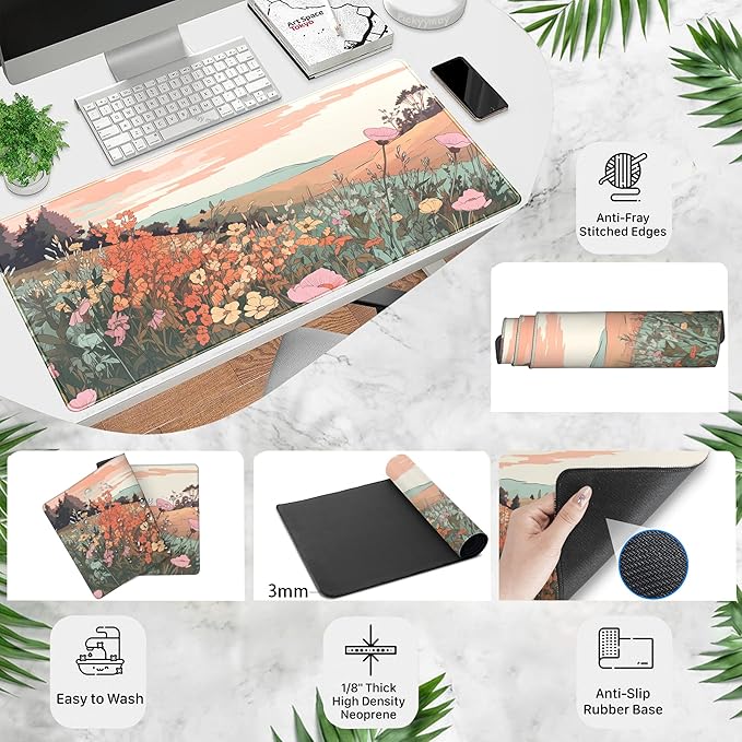 Desk Mouse Pad Large Desk Mat Botanical Flowers Mouse Mat Gaming, Extended Floral Keyboard Pad XXL, Long Desktop Laptop Mat Aesthetic Watercolor Wildflower Office Decor for Women 31.5x15.7 Inch