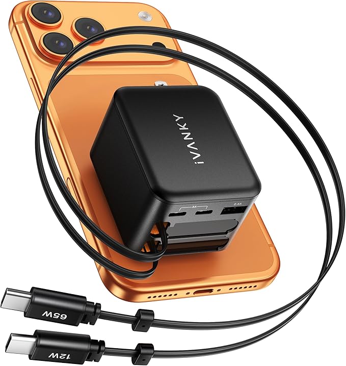 iVANKY 65W Retractable Wall Charger for MacBook, 5-in-1 USB C GaN Charger Block with Dual USB C Cables, 33.5 inches, PD PPS Fast Charging, 5-Port Power Adapter for Laptop/iPhone 17/16/15/14 Pro Max