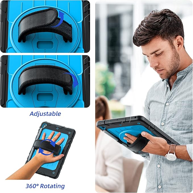 Case for iPad 6th/5th Generation 9.7'' with Screen Protector Pencil Holder [360 Rotating Hand Strap] &Stand, Drop-Proof Case for iPad 6th/5th/ Air 2/ Pro 9.7 (Black&Sky Blue)