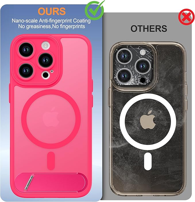 Magnetic Compatible with iPhone 13 Pro Case, [Built-in Kickstand][Full Camera Protection][Compatible with MagSafe][Anti-Fingerprint] Shockproof Phone Case for iPhone 13 Pro 6.1",Hot Pink