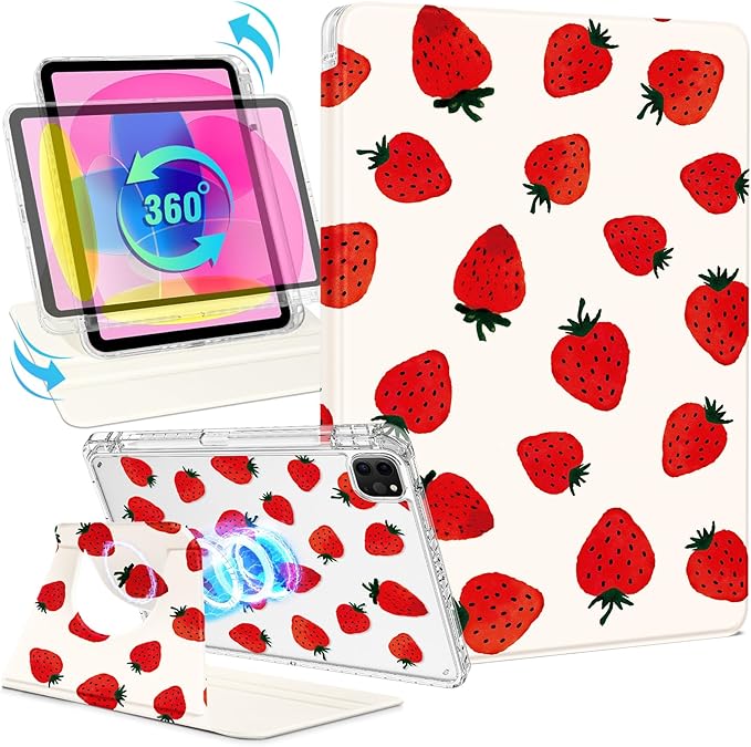 Shorogyt for iPad Air 13 Inch (M4) 2026/M3 2025 & M2 2024 /for i Pad Pro 12.9 inch (3/4/5/6th Gen) for Magnetic Stand for Women - Cute Design 360 Rotating Covers Girls with Pencil Holder, Strawberry