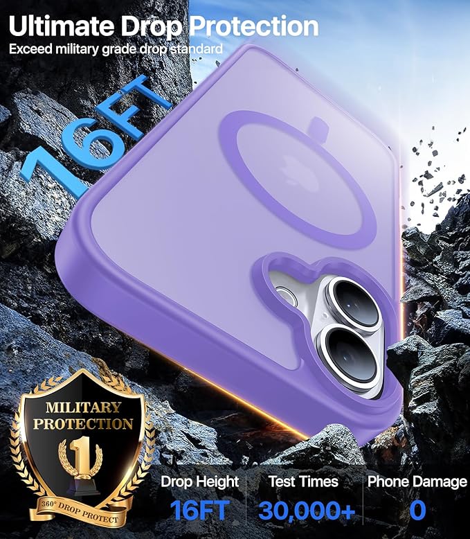 Magnetic for iPhone 16 Case, [Compatible with MagSafe][Military-Grade Drop Protection][Anti-Yellowing] Shockproof Protective Translucent Matte Cover for iPhone 16 Phone Case,Light Purple