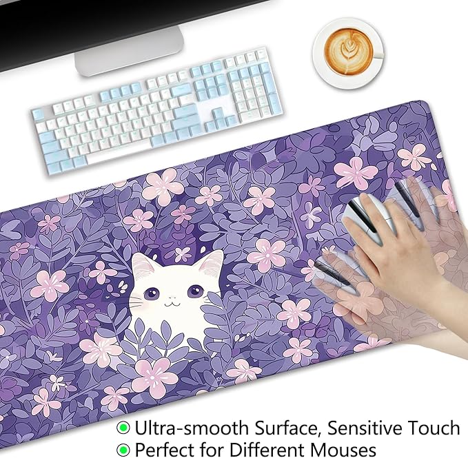 LIMKRIAN Cat Purple Mouse Pad Large Desk Mat, Kawaii Purple Computer Mousepad with Stitched Edges Non-Slip, Keyboard Mouse Pad for Desktop Cute Office Supplies Desk Decor Accessories 31.5x11.8 in