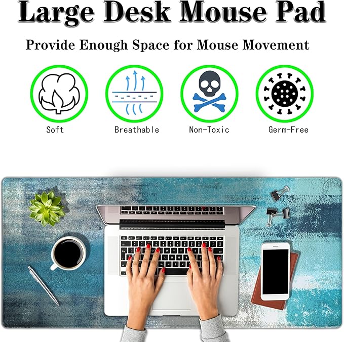 XXL Mouse Pad Turquoise and Gray, Extra Large Mouse Pad Gaming Desk Mats, Oversized Mousepad Non-Slip Rubber Base, 35.4 X 15.7 inch for Work/Game/Office/Home Abstract Painting Contemporary