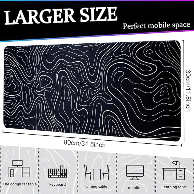 Mouse Pad Gaming Mousepad, 31.5 x 11.8in Large Desk Mat Keyboard Pads Extend Long XL Mouse Mat with Non-Slip Base Desk Accessories for Home Office Keyboard Mouse (Black Topographic)