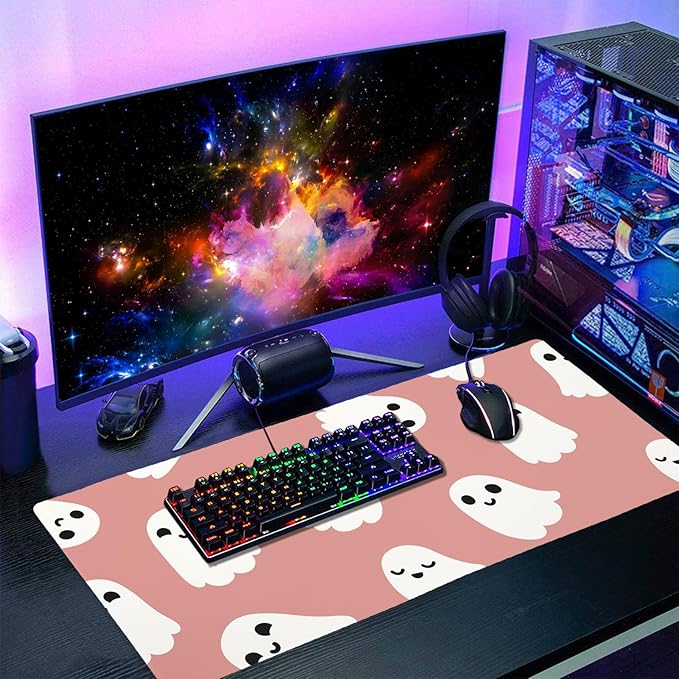 Halloween Cute Ghost Mouse Pad Kawaii Cartoon Spooky Funny Spirit Extended Desk Mat Non-Slip Rubber Base Stitched Edge Large XXL Pink White Mousepad for Gaming Laptop Computer Desktop 35.4×15.7 in
