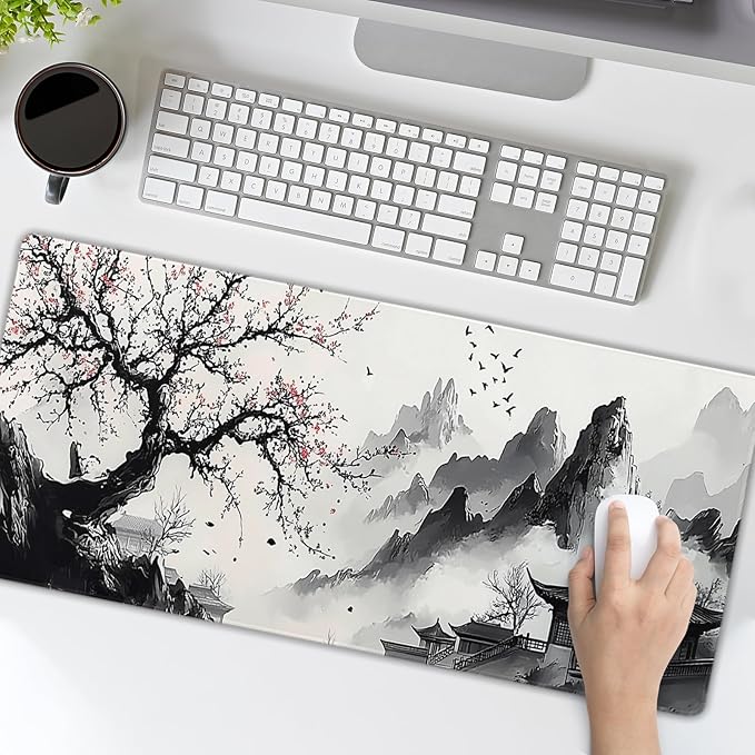 Japanese Anime Art Landscape Large Mouse Pad Large Extended Mouse Pad 31.5”x11.8” Non-Slip Rubber Base Full Desk Pad Japanese Sakura Gaming Keyboard Mat with Stitched Edges for Home Office Gaming Work