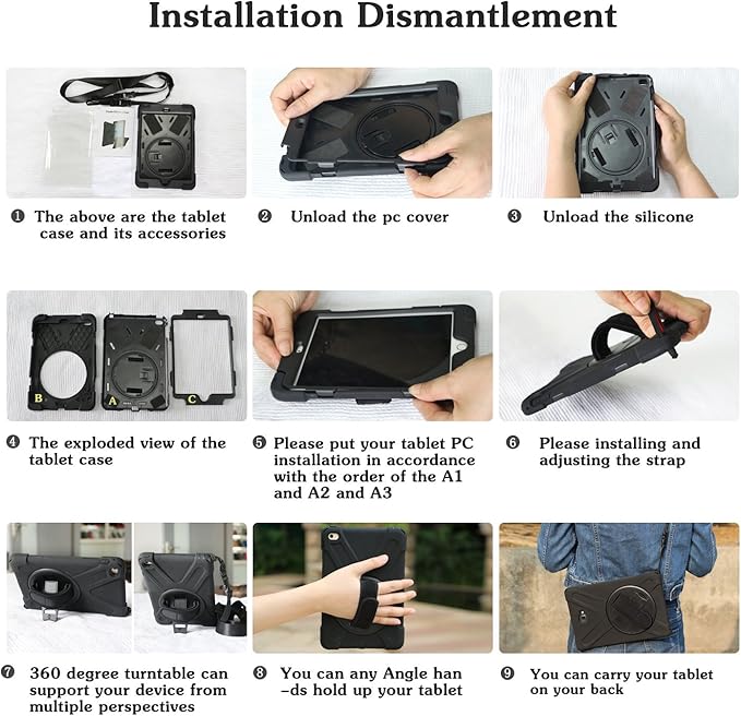BRAECN for iPad Air 1st Generation Case 2013 .Heavy Duty Protective Case with 360 Rotating Stand/Hand Strap/Shoulder Strap for Apple iPad Air 1-9.7 inch (Black)