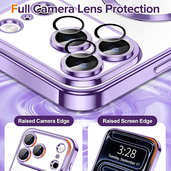Hython Magnetic Clear for iPhone 17 Pro Case with Camera Lens Protector [Compatible with MagSafe] Luxury Plating Edge Slim Soft TPU Cover Protective Phone Case for iPhone 17 Pro 6.3", Light Purple